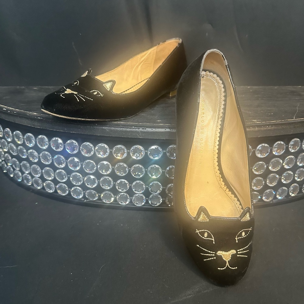 CHARLOTTE OLYMPIA Black Velvet Women's Flats with Gold Cat Embroidery,size 39/9